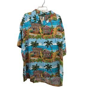 Vintage Kahala Rayon Button Hawaiian Shirt Tropical Beach Hut Multicolor Size XL
